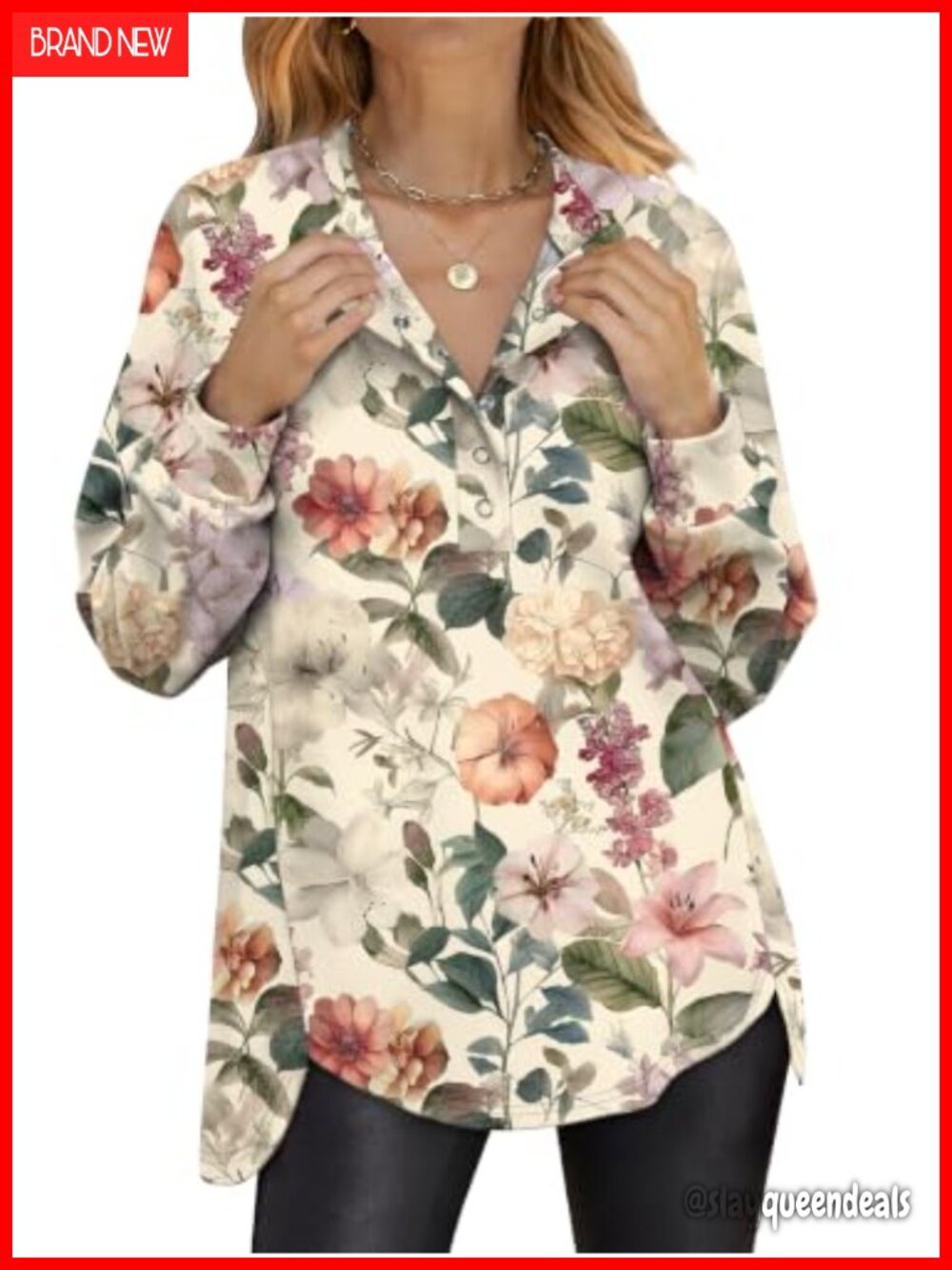 Womens Fleece Henley Sweatshirt Floral Print Loose Fit Fall Tunic Pullover